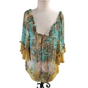 Eric Signature Size 12 Sheer Boho Hippie Yellow Green Shirt